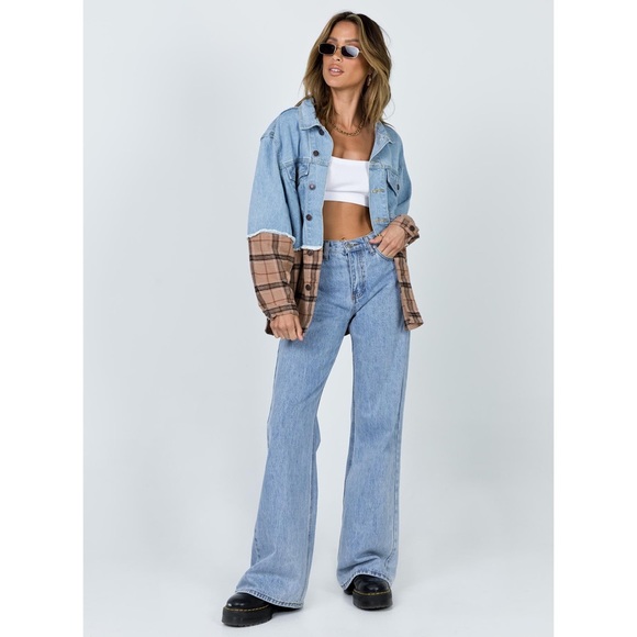 Princess Polly Larkin Denim Jacket Beige Check - Picture 2 of 6